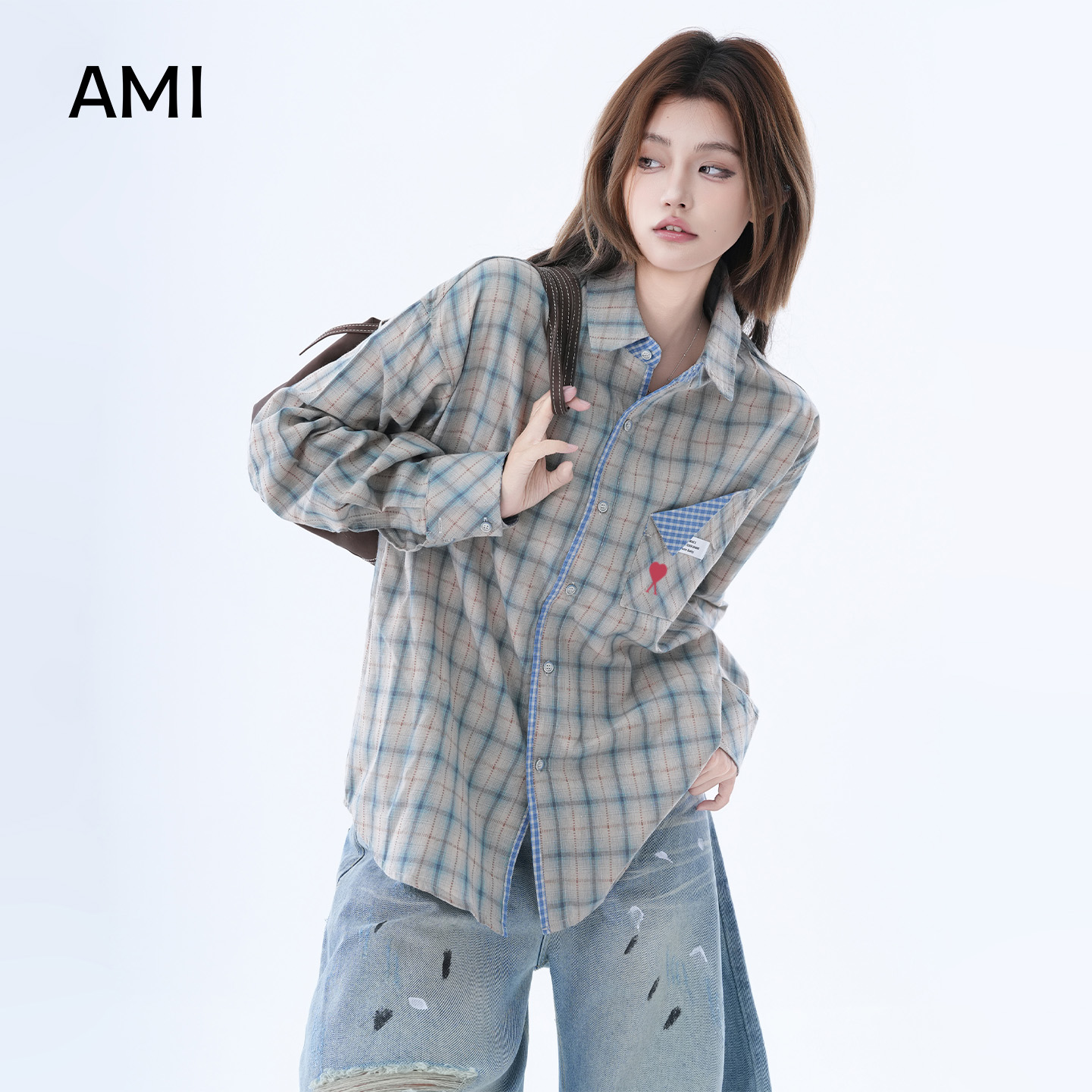 AMI美式复古格子衬衫女2025春秋季新款宽松休闲百搭长袖衬衣外套