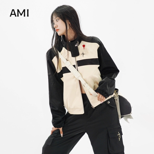 AMI官方 2026美式复古拼色短款皮衣女辣妹短外套春秋新款立领宽松
