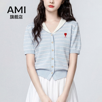 AMI官方蓝色条纹针织短袖T恤女夏2026夏季新款镂空撞色V领打底衫