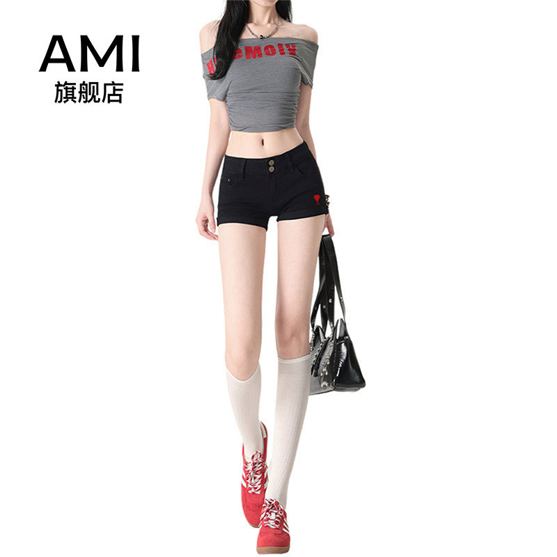 AMI官方美式辣妹黑色双扣牛仔短裤女夏季超短裤显瘦包臀紧身热裤