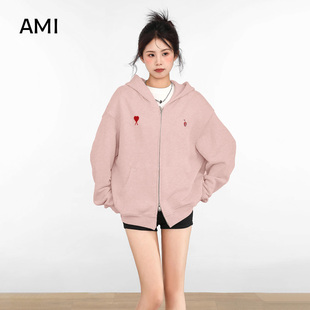 AMI美式粉色双拉链薄款连帽卫衣外套女冬秋宽松小个子慵懒风开衫