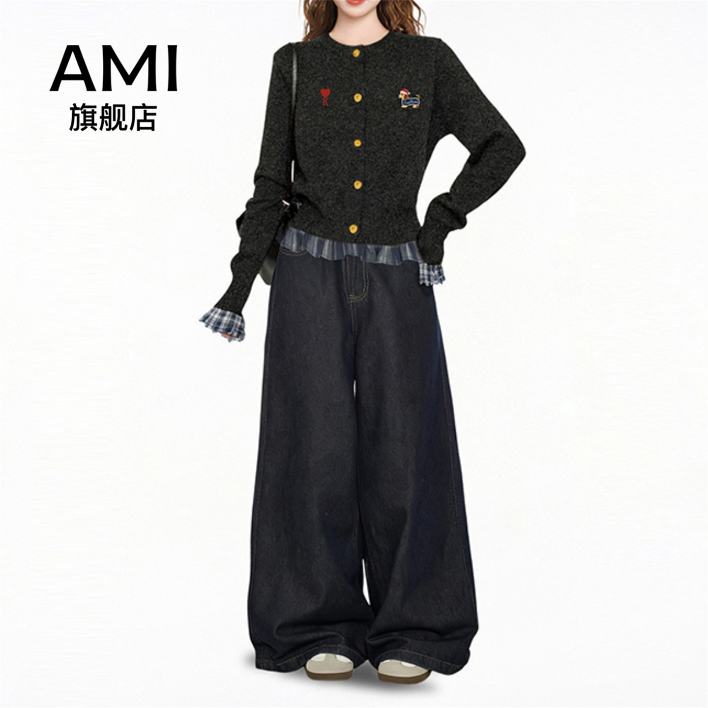 AMI官方深灰色腊肠狗假两件针毛针织衫
