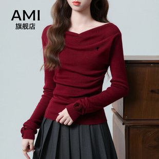 AMI红色荡领长袖针织衫女2025新款设计感立体花朵收腰显瘦上衣