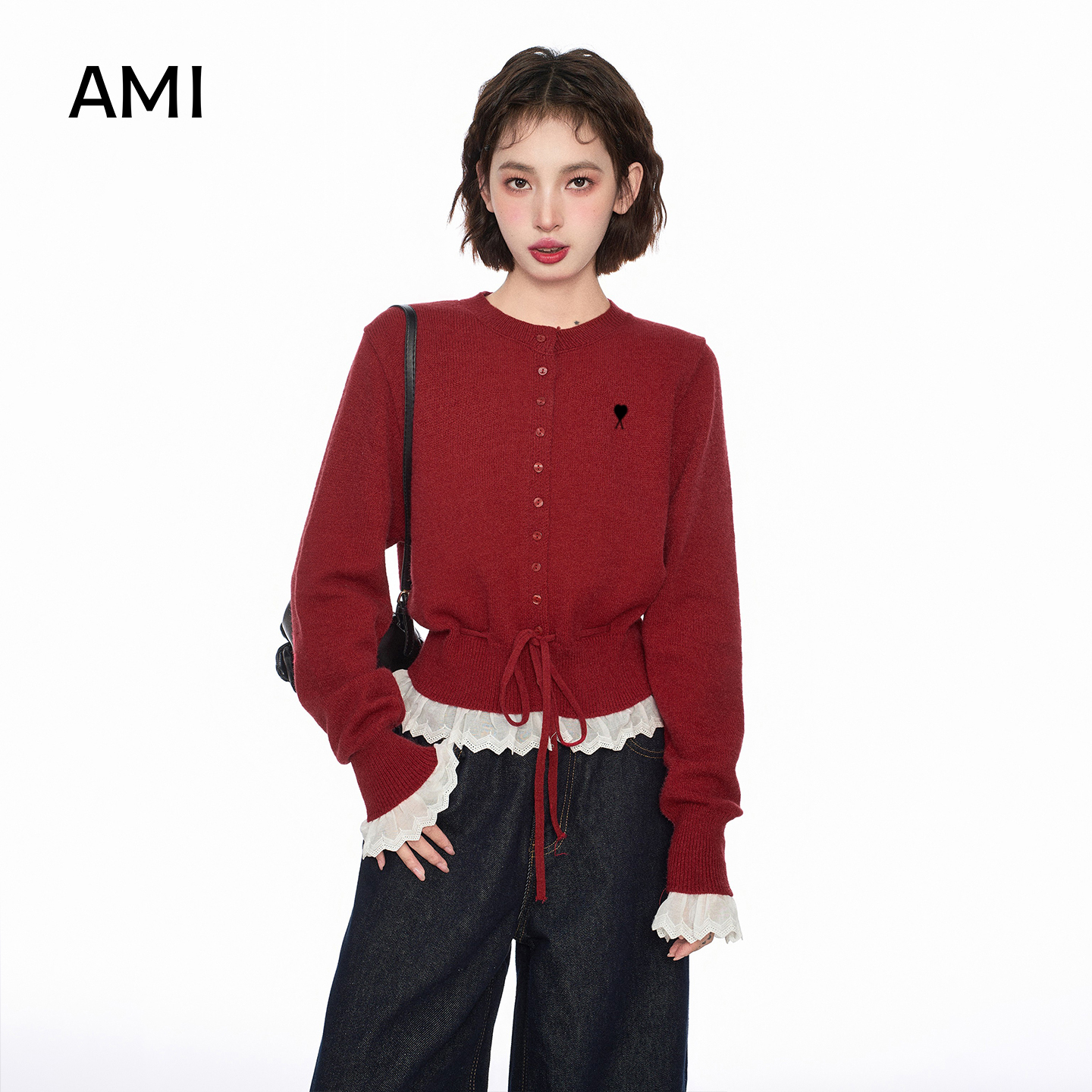 AMI美式复古卡其色针织衫女冬秋冬新款修身短款圆领毛衣内搭上衣