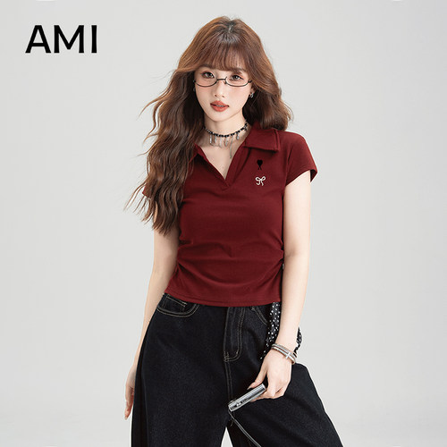 AMI官方 2026美式26衫polo领短袖T恤女春季新款正品蝴蝶刺绣修