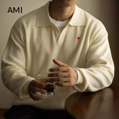 AMI轻熟风V领针织衫套头毛衣男士新款秋冬翻领长袖重磅轻熟POLO衫