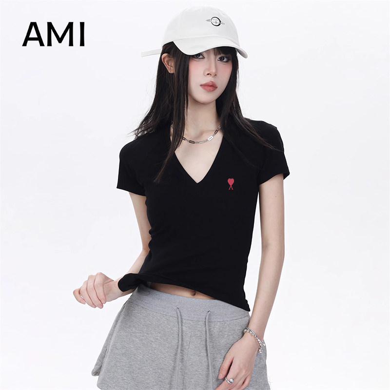 AMI官方 2026美式黑色插肩短袖t恤女春新款正品修身显瘦v领甜辣上