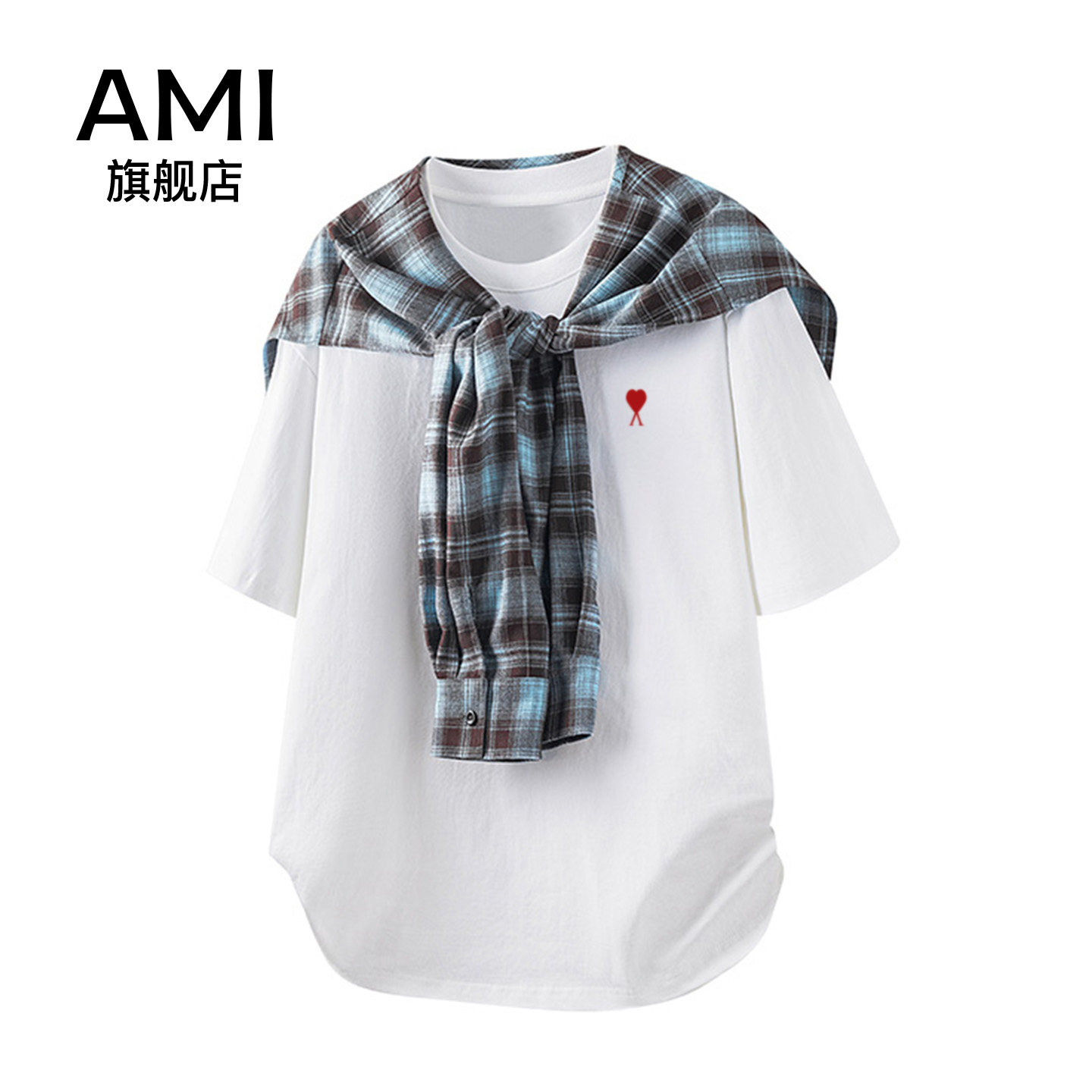 AMI复古披肩短袖女夏季潮流休闲情侣款披肩屁帘白T恤女士打底衫