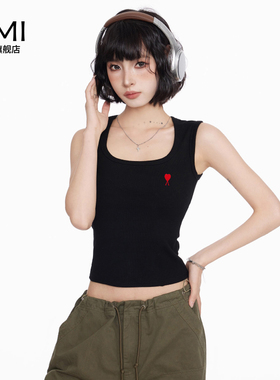 AMI 2025美式黑色吊带背心女冬无袖外穿正品宽肩带内搭上衣短款