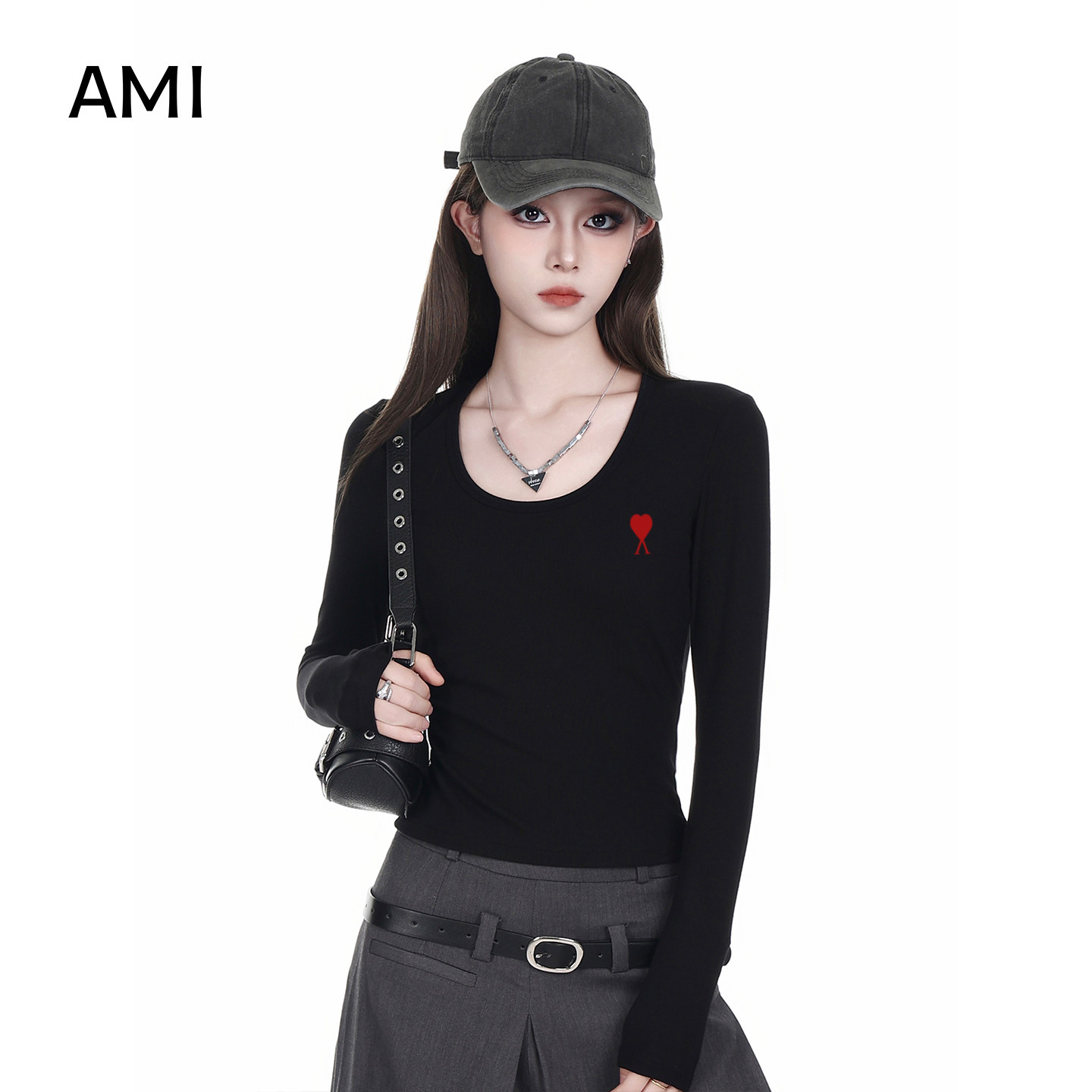 AMI官方美式黑色打底衫长袖t恤女内搭修身春初春新款小个子收腰显