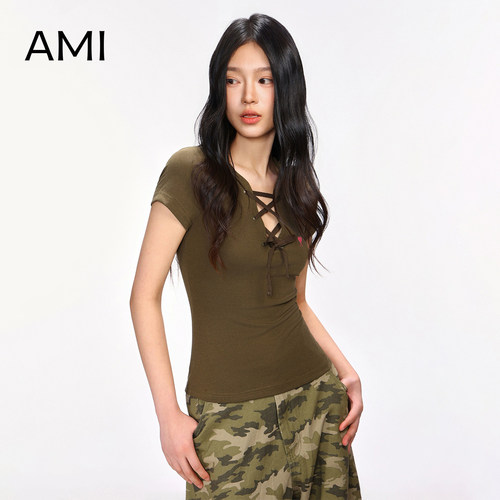 AMI官方旗舰店美式正肩短袖t恤女夏季潮牌设计感正品辣妹修身短款