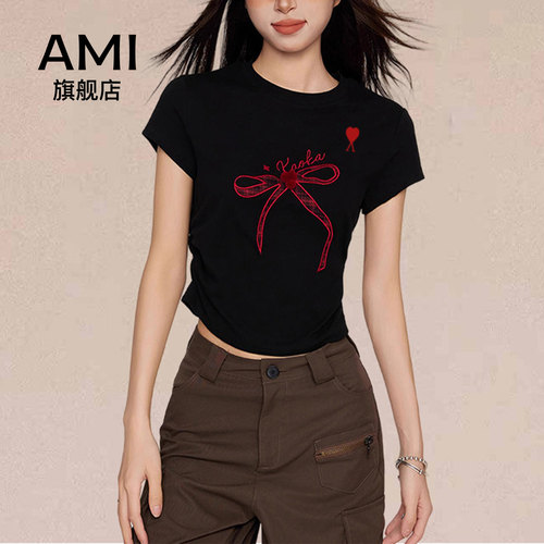 AMI官方美式正肩短袖t恤女夏2026新款夏季设计感修身短款休闲上衣
