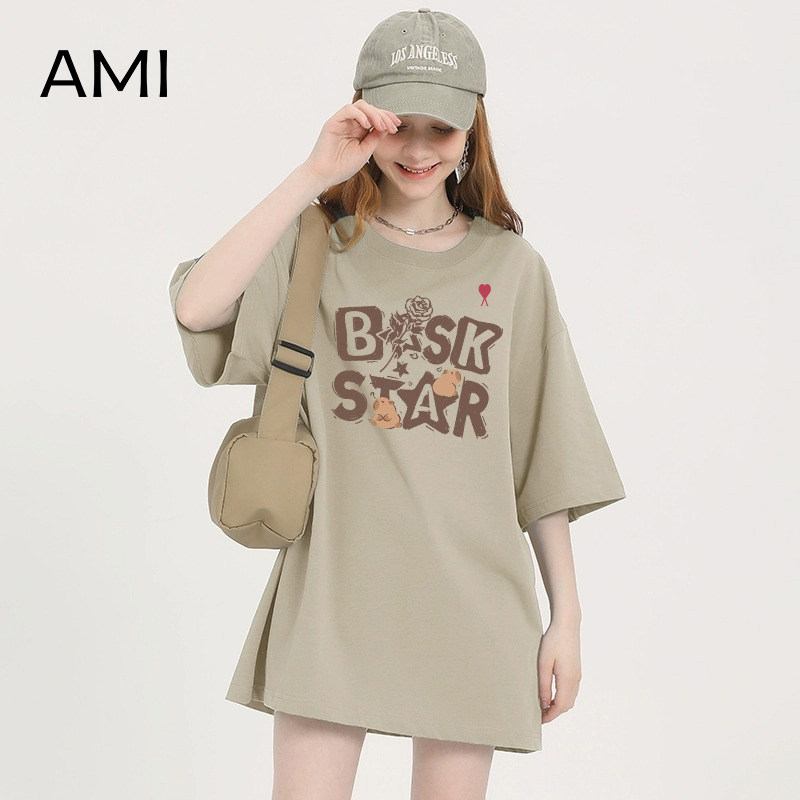 AMI官方旗舰店美式咖色字母短袖t恤女夏季新款正品小个子宽松半袖
