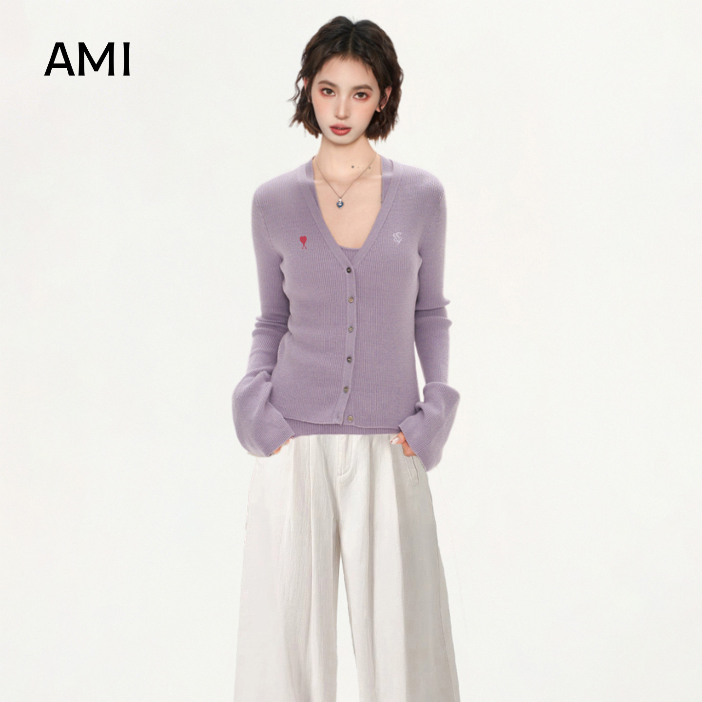 AMI官方美式紫色长袖薄款针织开衫外套女春初春新款穿搭针织吊带