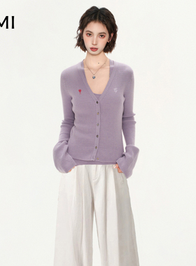 AMI美式紫色长袖薄款针织开衫外套女冬秋新款穿搭针织吊带两件套