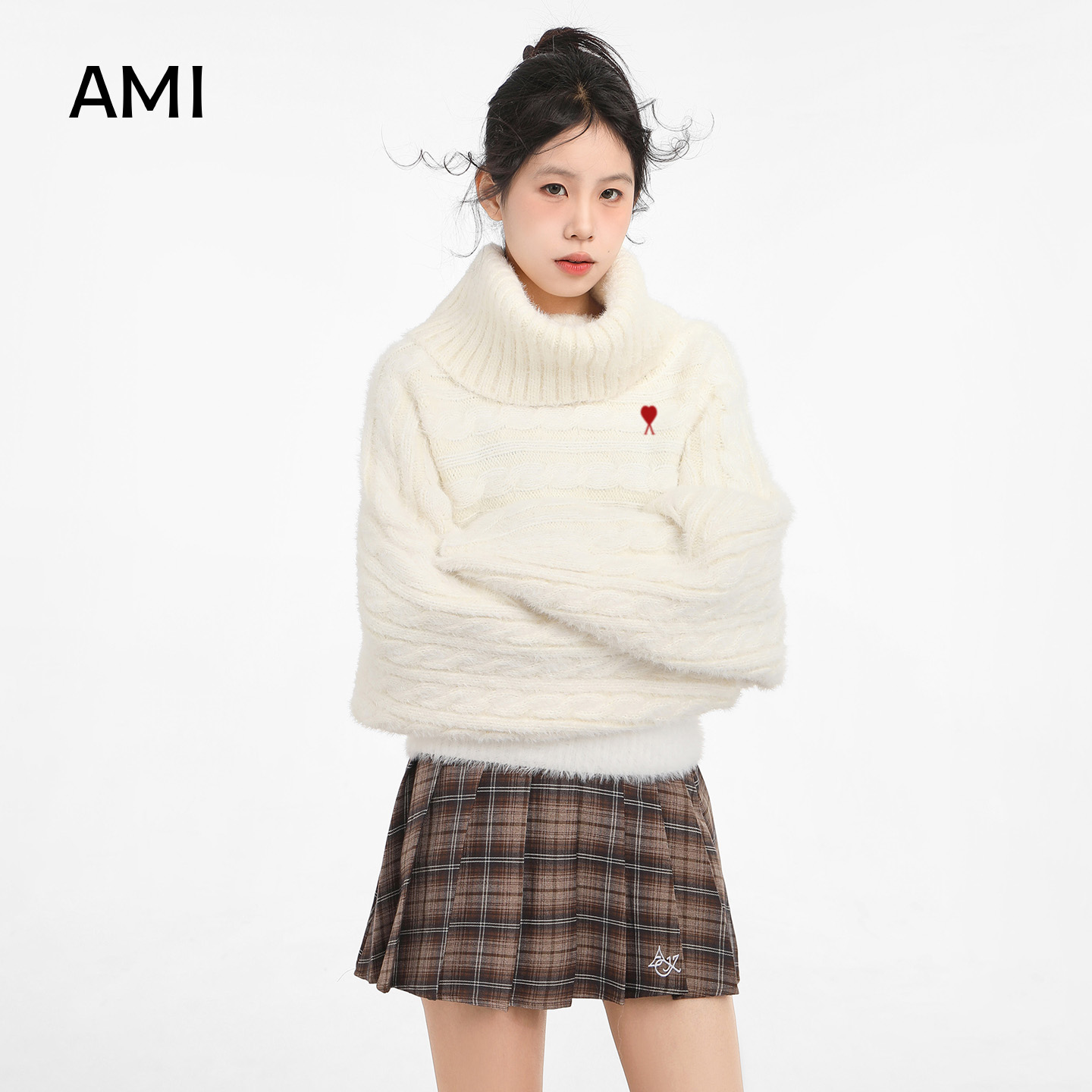 AMI白色高领麻花毛衣女冬季加绒加厚内搭打底衫针织衫秋仿水貂绒