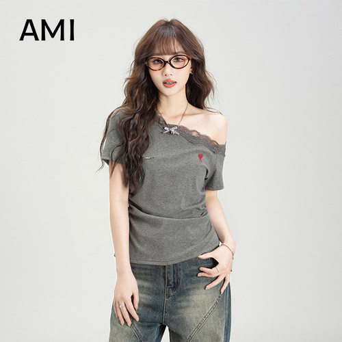 AMI官方 2026美式设计感斜领蕾丝花边拼接短袖t恤女夏季正品露肩