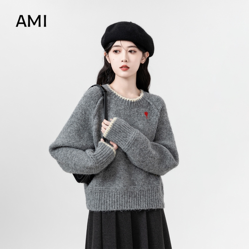 AMI美式复古撞色圆领毛衣女冬秋2025新款宽松休闲百搭针织衫上衣