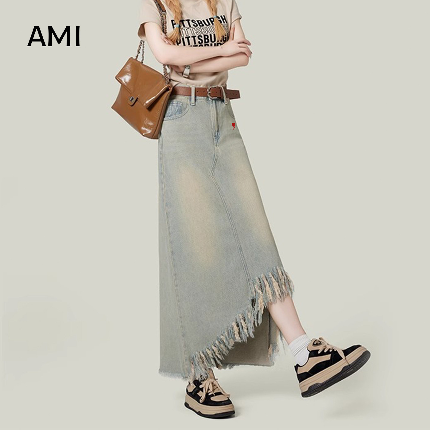 AMI官方美式怀旧蓝流苏牛仔半身裙女春新款不规则高腰A字正品中长