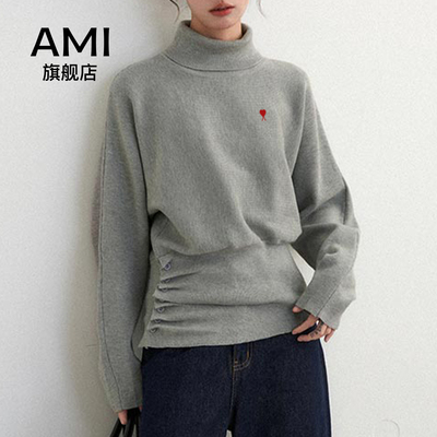 AMI灰色高领毛衣针织衫冬季加厚短款修身收腰内搭打底衫长袖上衣