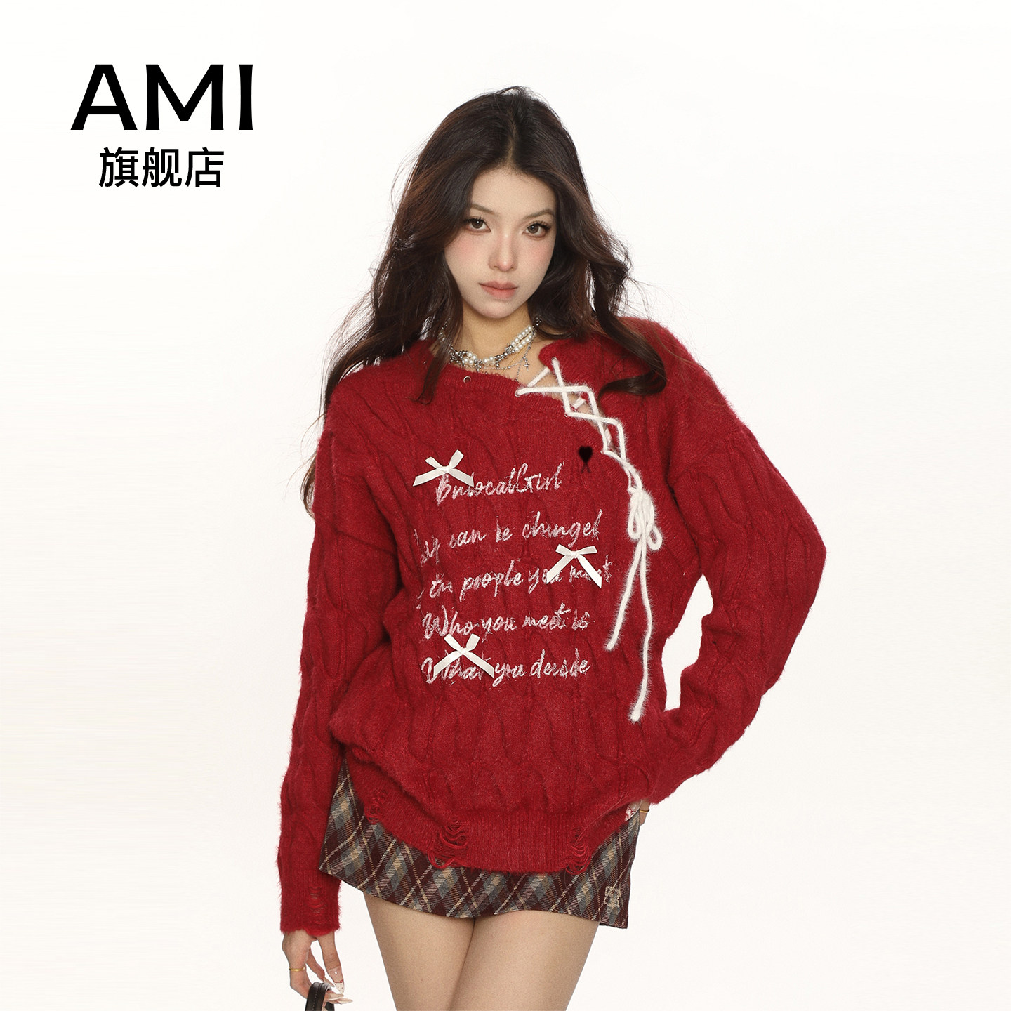 AMI红色新年战袍蝴蝶结绑带毛衣女秋冬新款慵懒风软糯针织衫上衣,女装/女士精品,毛衣,淘宝优惠券,粉丝福利购,淘宝优惠卷