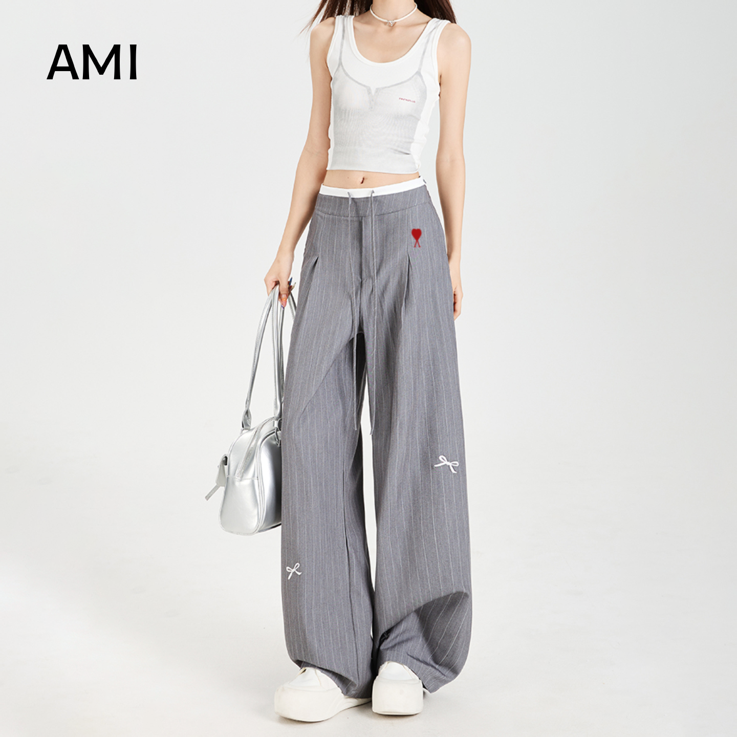 AMI美式条纹蝴蝶结休闲裤女春秋新款慵懒垂感灰色高腰阔腿西装裤