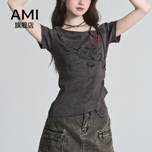 AMI官方美式新款系带印花斜领短袖T恤女性感露肩收腰体恤气质上衣
