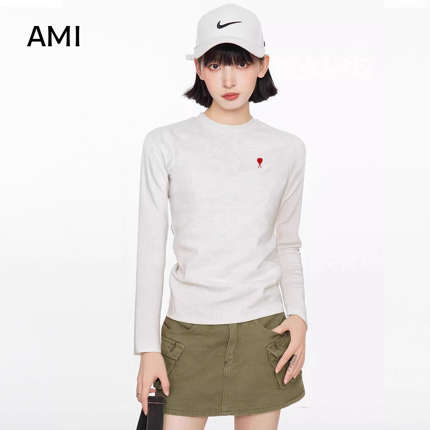 AMI灰白色美式圆领正肩长袖tT恤