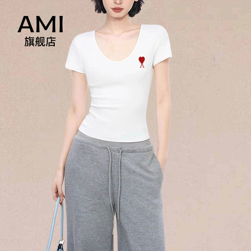AMI官方领大领口正肩短袖t恤女2026新款夏季修身紧身短款上衣