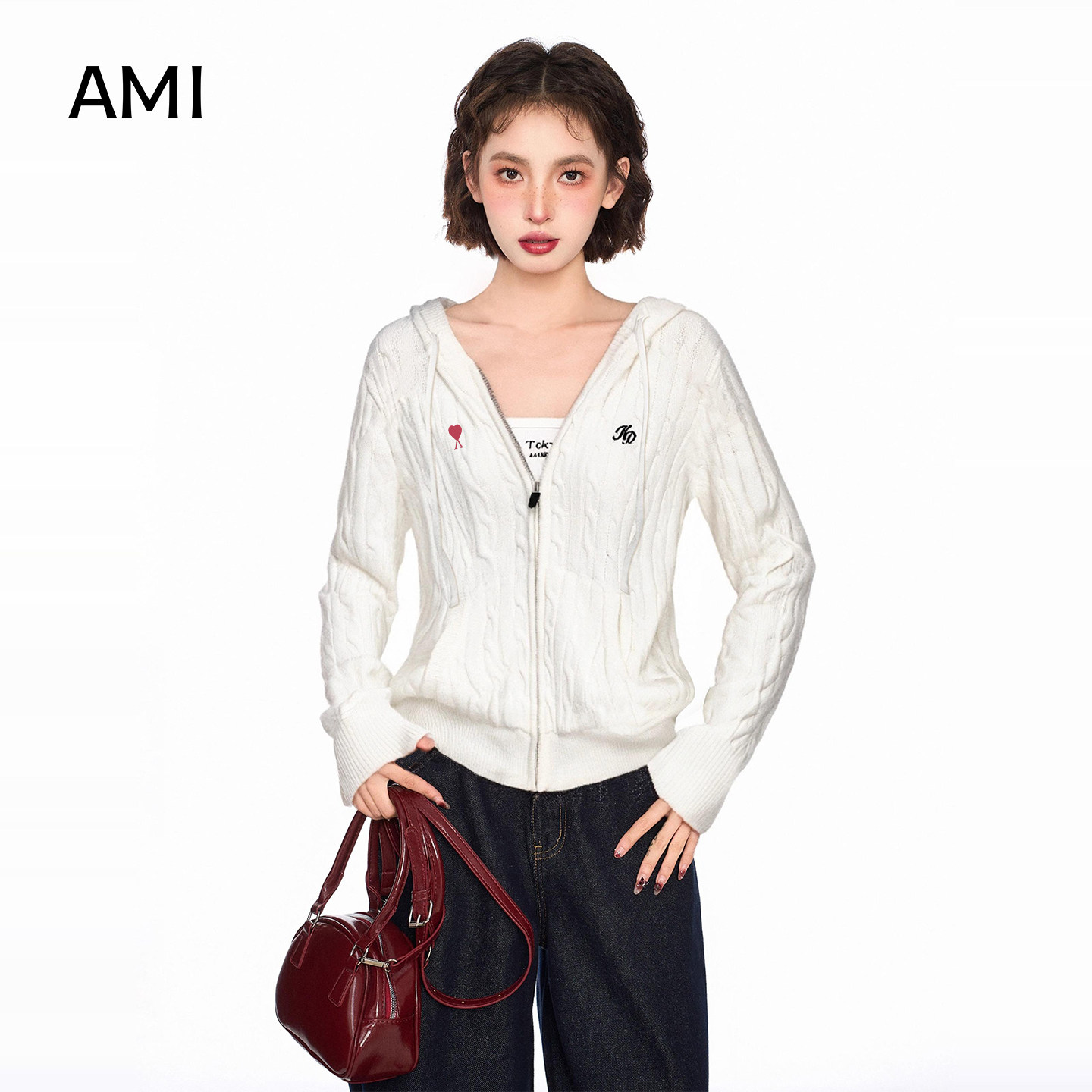 AMI官方美式白色麻花连帽拉链针织衫外套女春初春新款修身短款毛