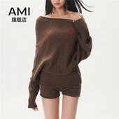AMI官方2026纯欲风春季 两件套 上衣针织短裤 斜肩毛衣套装 露肩短款