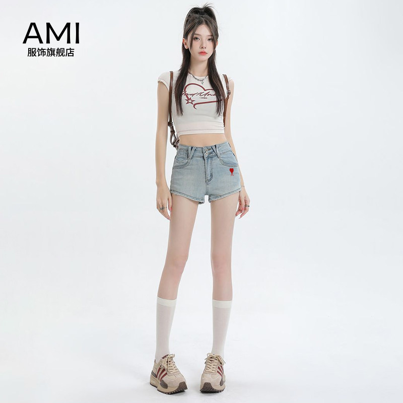 AMI官方 2026美式浅蓝色牛仔短裤女春季正品高腰辣妹a字包臀超短
