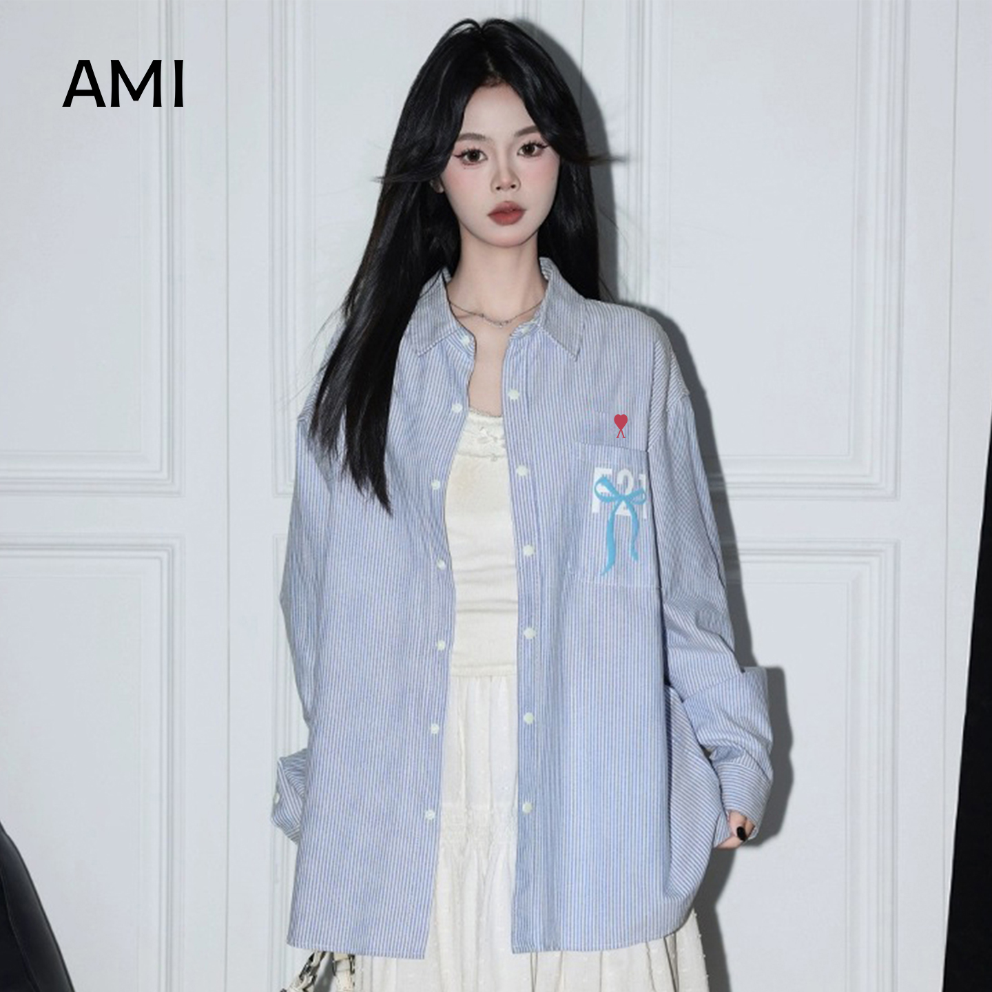 AMI2025美式浅蓝条纹衬衫女春秋宽松正品休闲上衣长袖开衫外套