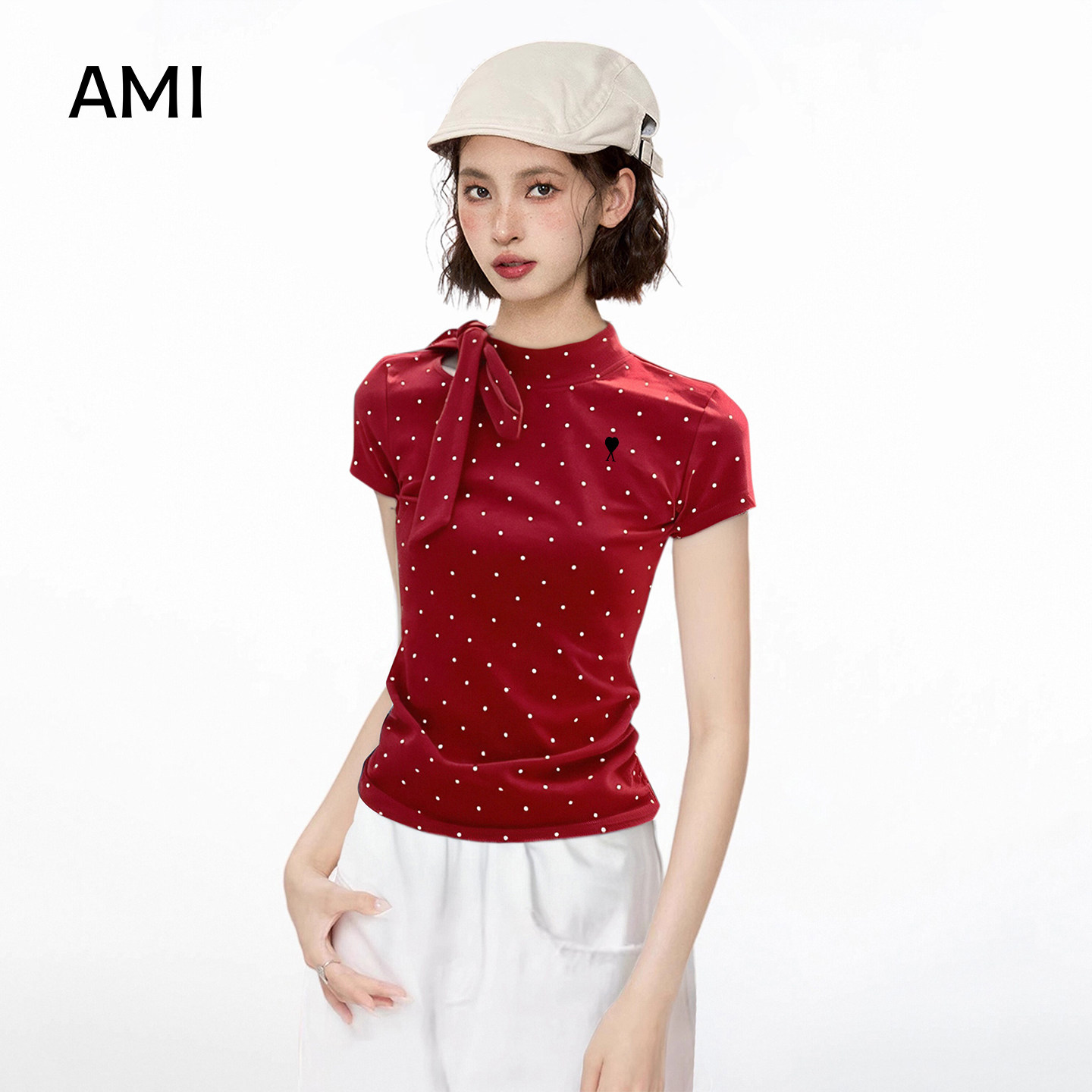 AMI官方2026美式红色波点正肩短袖t恤女春季正品修身收腰镂空上衣