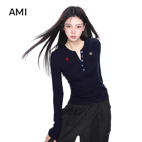 AMI官方2026美式藏蓝V领长袖t恤女春初春内搭辣妹修身显瘦针织上