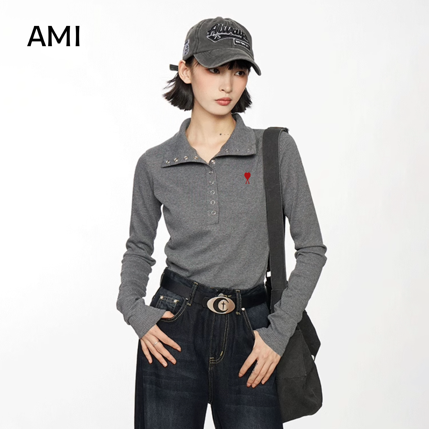 AMI官方美式复古灰色polo领长袖t恤女春初春正品修身内搭打底衫针