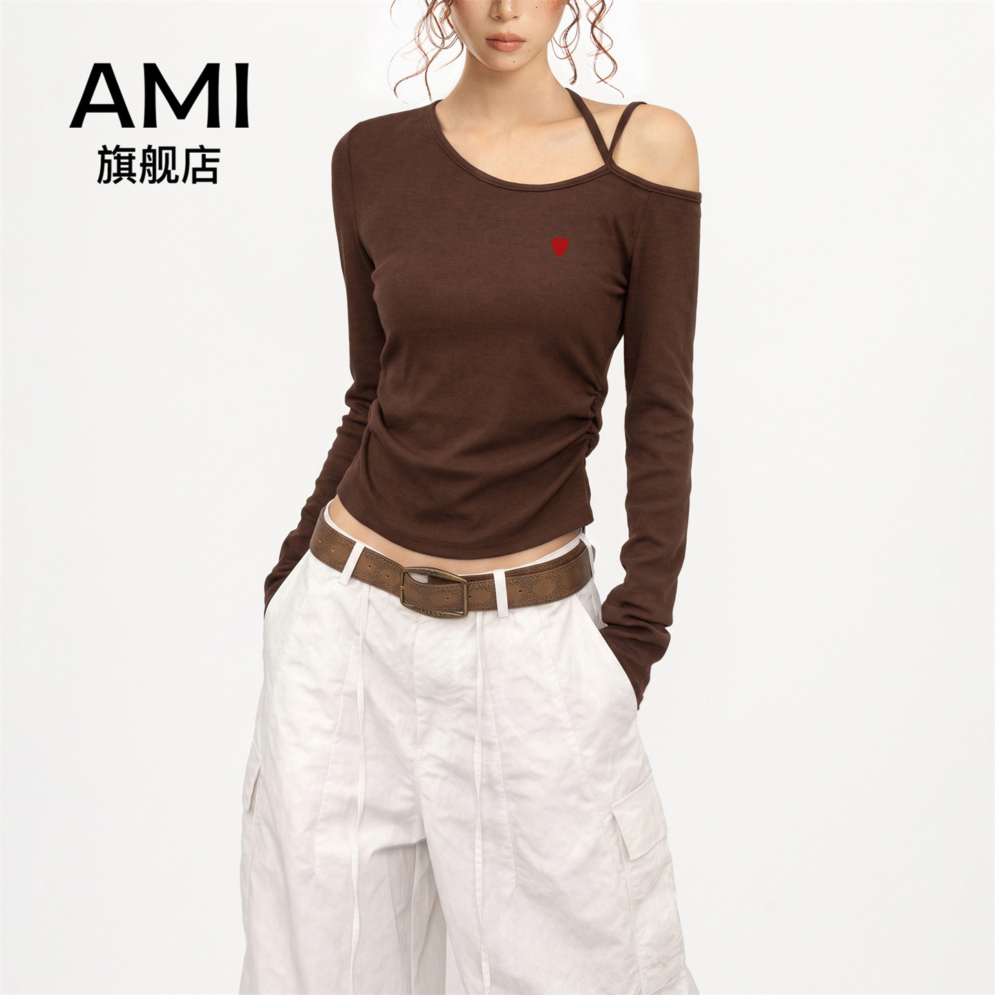 AMI官方斜肩露肩长袖t恤女早秋季设计感修身内搭打底衫短款上衣9图片