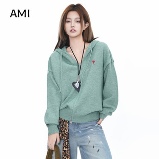 AMI美式 毛衣女2025秋宽松情侣慵懒百搭上衣拉链外套 连帽针织开衫