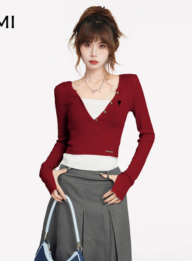 AMI美式红色假两件V领长袖T恤女冬修身内搭打底针织上衣新年圣诞