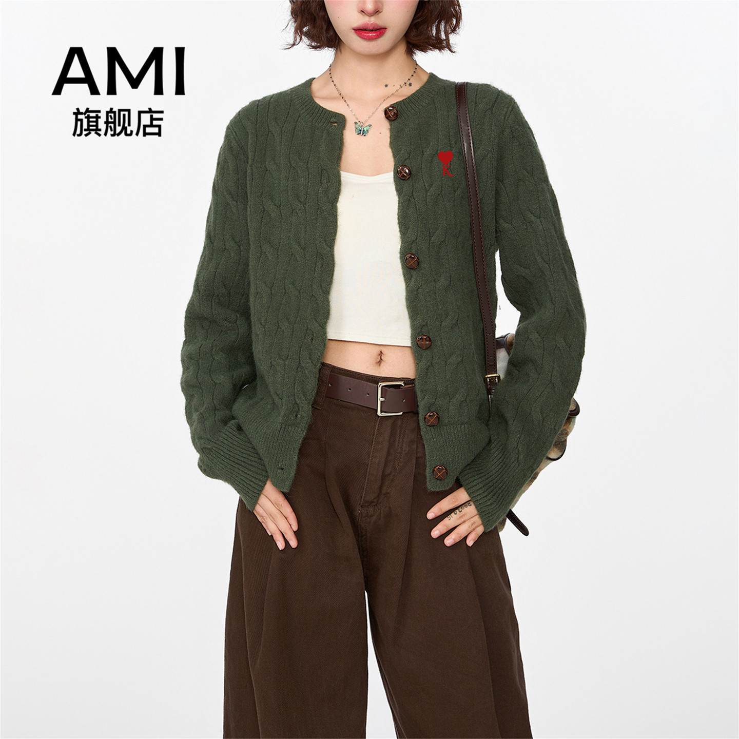AMI官方2026美式绿色长袖针织衫外套女新款外搭毛衣开衫上衣9