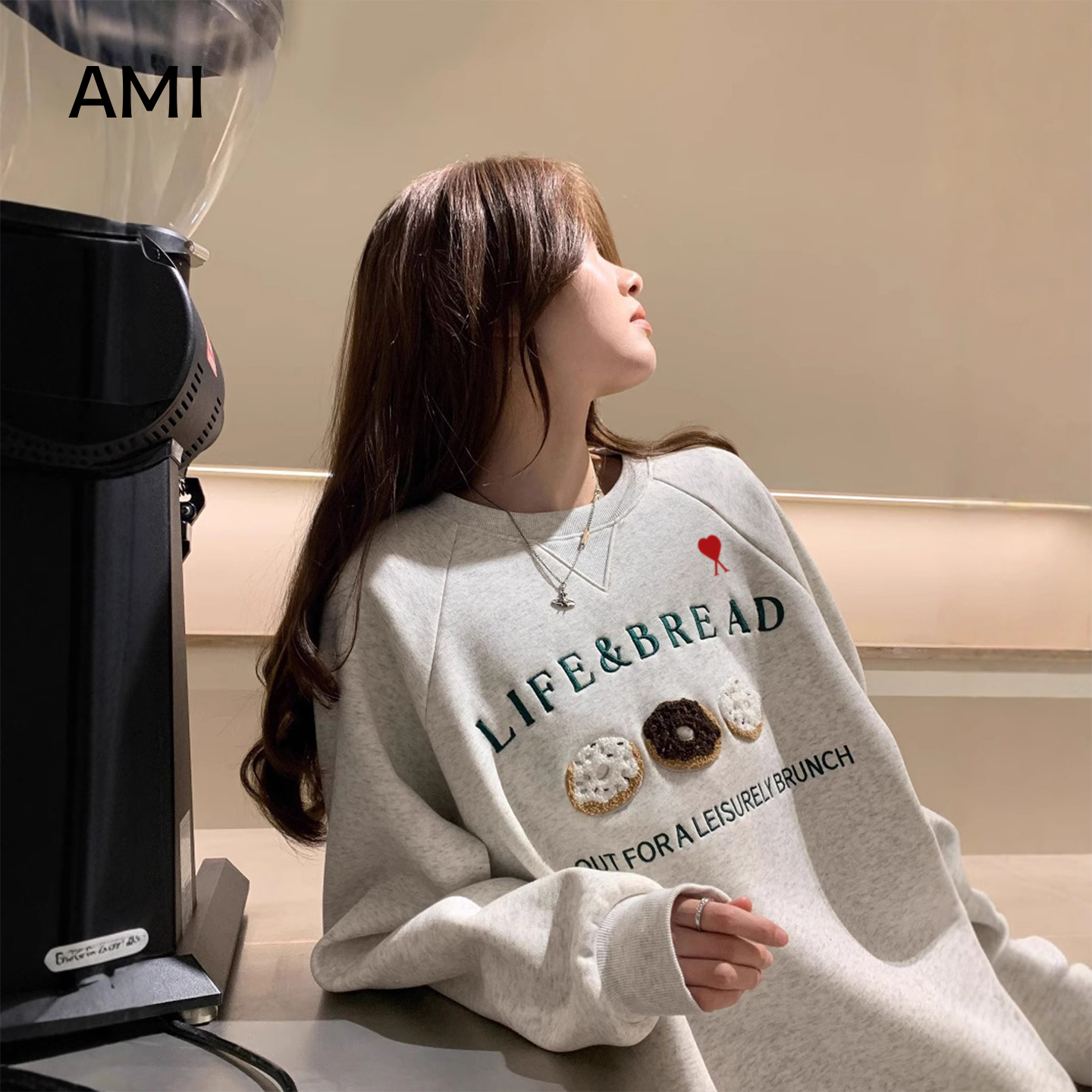 AMI美式加绒加厚刺绣圆领卫衣女2025秋冬新款宽松大码长袖上衣