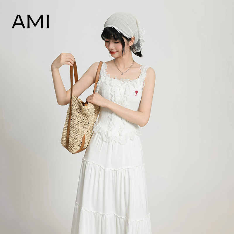 AMI官方 2026美式白色蕾丝花边针织吊带背心女春正品设计感甜辣上