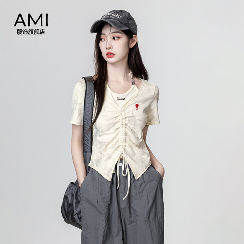 AMI官方美式假两件挂脖短袖T恤女夏季正品不规则设计感抽绳26衫