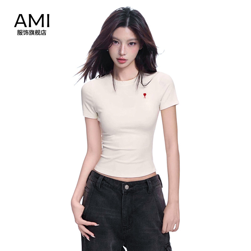 AMI官方美式白色正肩短袖t恤女夏季2026新款显瘦收腰正品辣妹修身