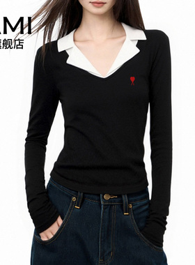AMI黑色polo领正肩假两件t恤女秋季v领修身内搭长袖上衣打底衫
