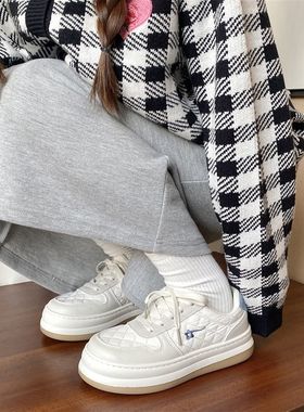 厚底帆布鞋女百搭电绣格子s板鞋女2021秋冬新款可爱大头日系小白