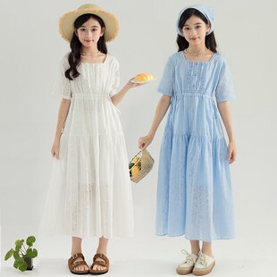 女童连衣裙夏季高级感甜美公主裙初中生白色裙子大童女孩超仙长裙