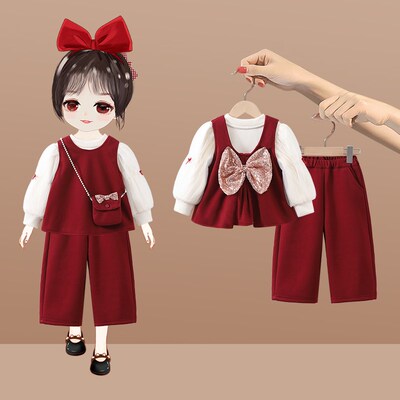 女童套装秋冬季2024新款冬装宝宝周岁宴礼服过新年喜庆衣服拜年服