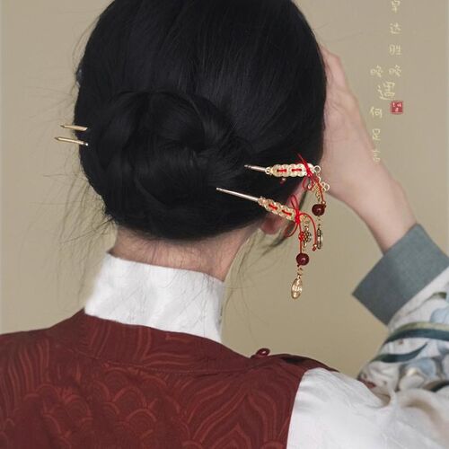 明制红色流苏发簪子n古风唐风汉服马面裙复古盘发发钗新中式发饰