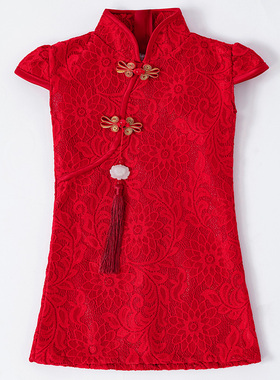 女童旗袍中国风红色儿童女宝宝周岁生日抓周礼服高端公主裙演出服